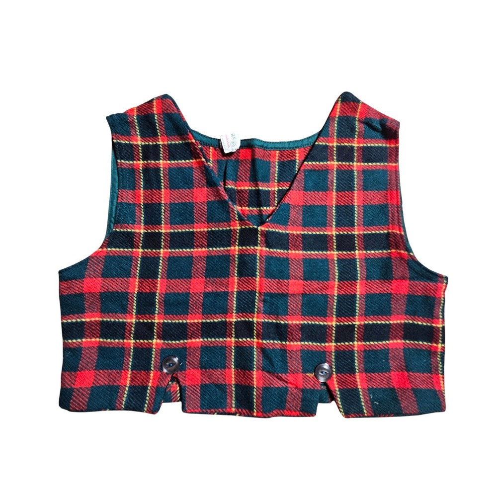 Vintage 60s 70s Sears Girls Tartan‎ Plaid Cropped Vest 8.5 V-Neck Holiday USA